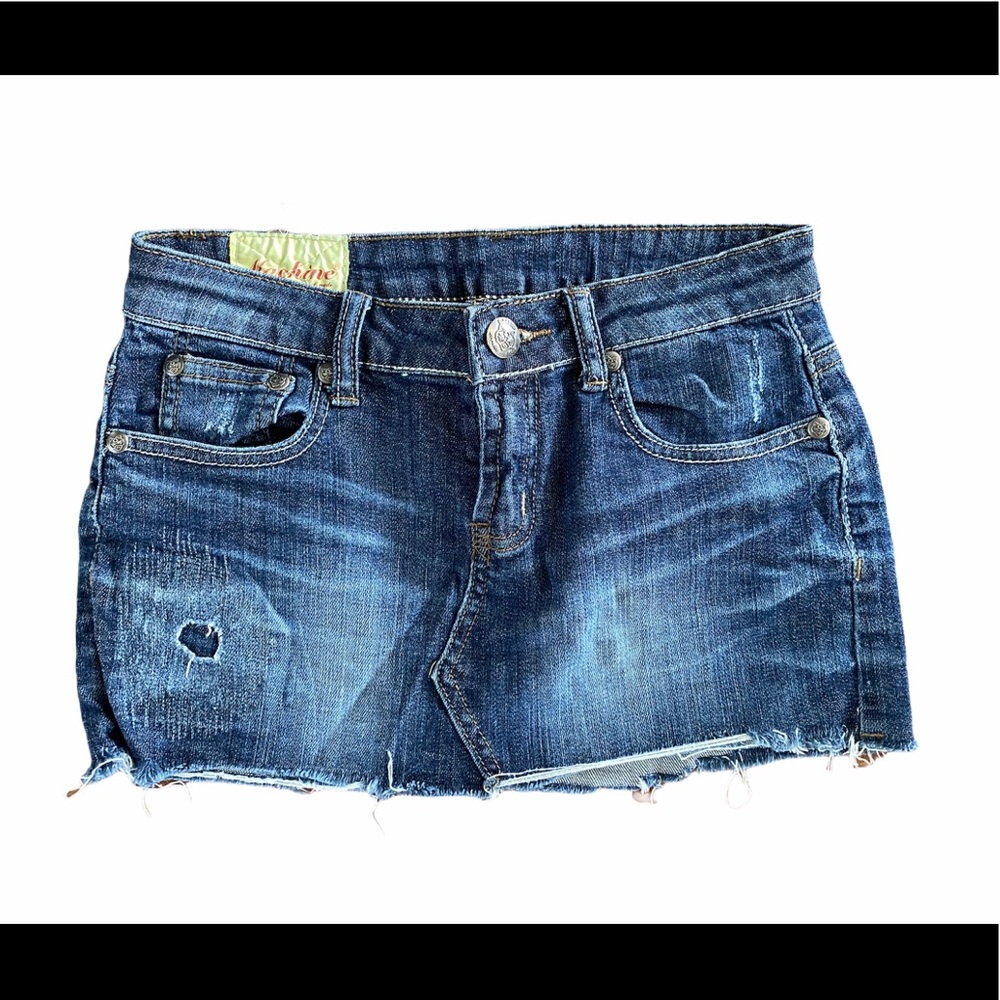 Machine distress wash cutoff denim mini skirt